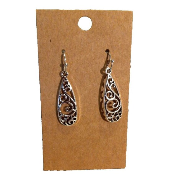 Silver Tone Metal Earrings Swirls Tear Drop Dangle - Picture 1 of 5